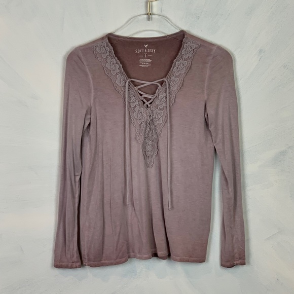 American Eagle Outfitters Tops - Soft and Sexy Ombre Lace Tie V Neck Long Sleeve